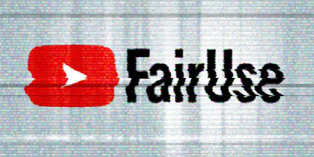 EFF's banner for the 'Unfiltered' white paper, depicting TV static overlaid with a parody of the Youtube logo and wordmark, but instead of 'Youtube' it reads 'Fair Use,' with glitched vertical and horizontal sync that distorts the logo.