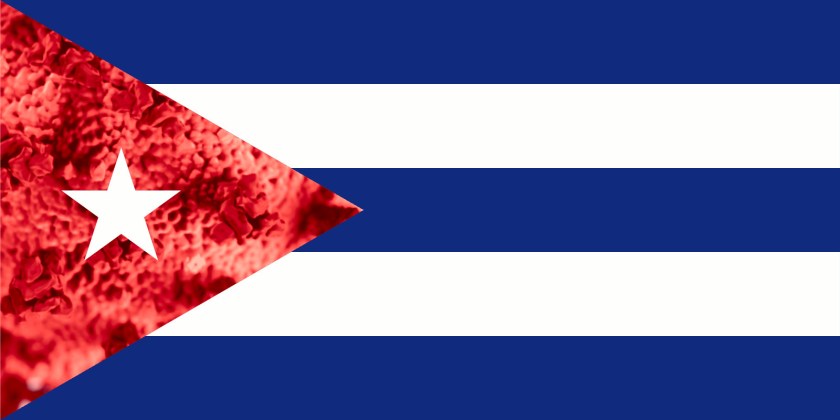 The Cuban flag, with its red triangle replaced with the red false-color image of a covid molecule.