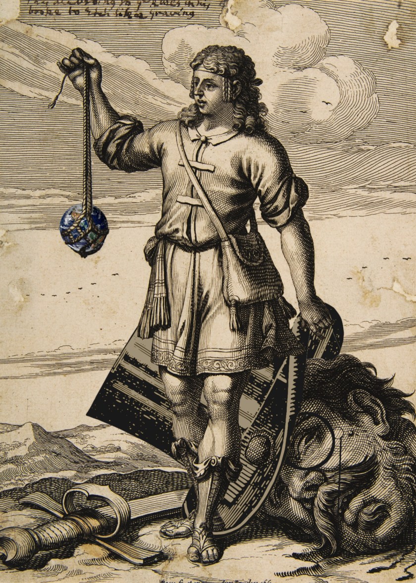 Abraham Bosse's 17th century etching of David with a defeated Goliath. In the original, David marvels at his sling while standing astride the giant head of Goliath, which has been severed and sports a notable forehead-dent. The image has been modified, replacing the rock in David's sling with the Earth, and adding a monocle and top-hat to Goliath's severed head.