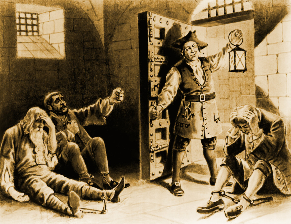 A 19th century woodcut depicting a sadistically grinning jailer standing in the door of a cell of a wretched debtor's prison, in which three prisoners sit in attitudes of misery and hopelessness.