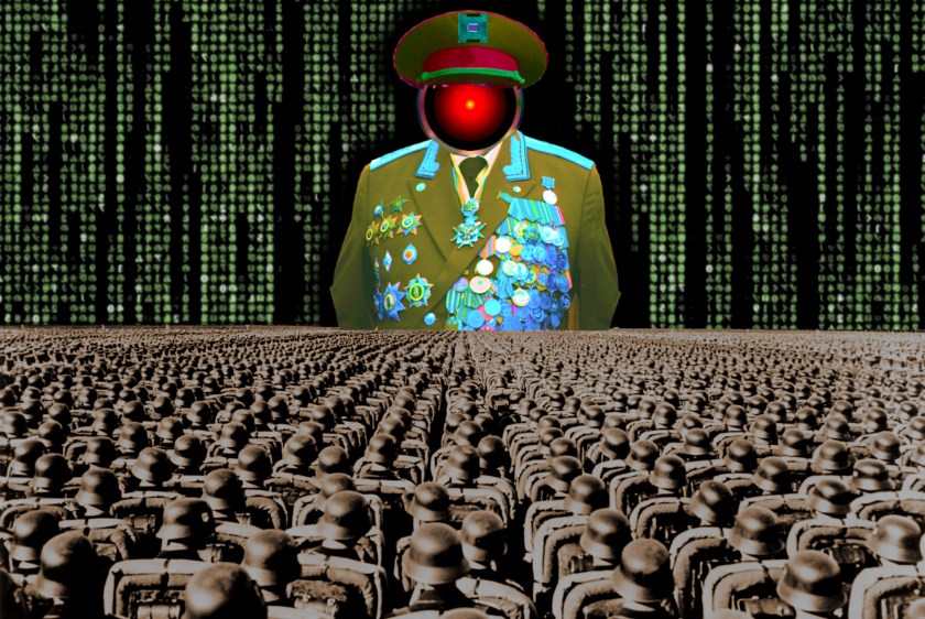 An altered image of the Nuremberg rally, with ranked lines of soldiers facing a towering figure in a many-ribboned soldier's coat. He wears a high-peaked cap with a microchip in place of insignia. His head has been replaced with the menacing red eye of HAL9000 from Stanley Kubrick's '2001: A Space Odyssey.' The sky behind him is filled with a 'code waterfall' from 'The Matrix.'