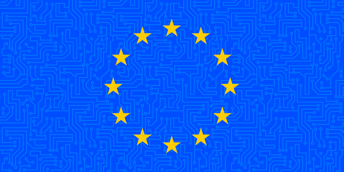 The EU flag, backed by a maze of circuit-board traces.