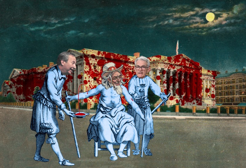 A vintage postcard of the Federal Reserve building by night, a full moon overhead. The building is spattered in blood. In the foreground is a medieval woodcut of two doctors bleeding a patient. The patient's head has been replaced with that of Uncle Sam. The doctors' heads have been replaced with those of Larry Summers and Jerome Powell.