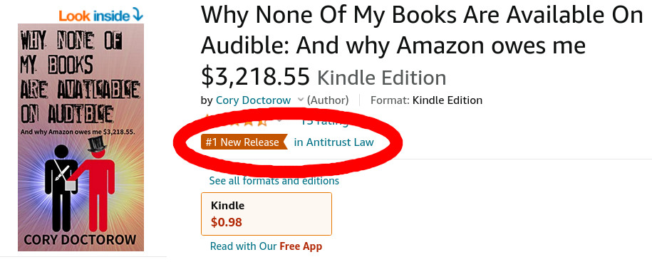 A screengrab of the Kindle listing page for my ebook showing it as the number one new release in antitrust.