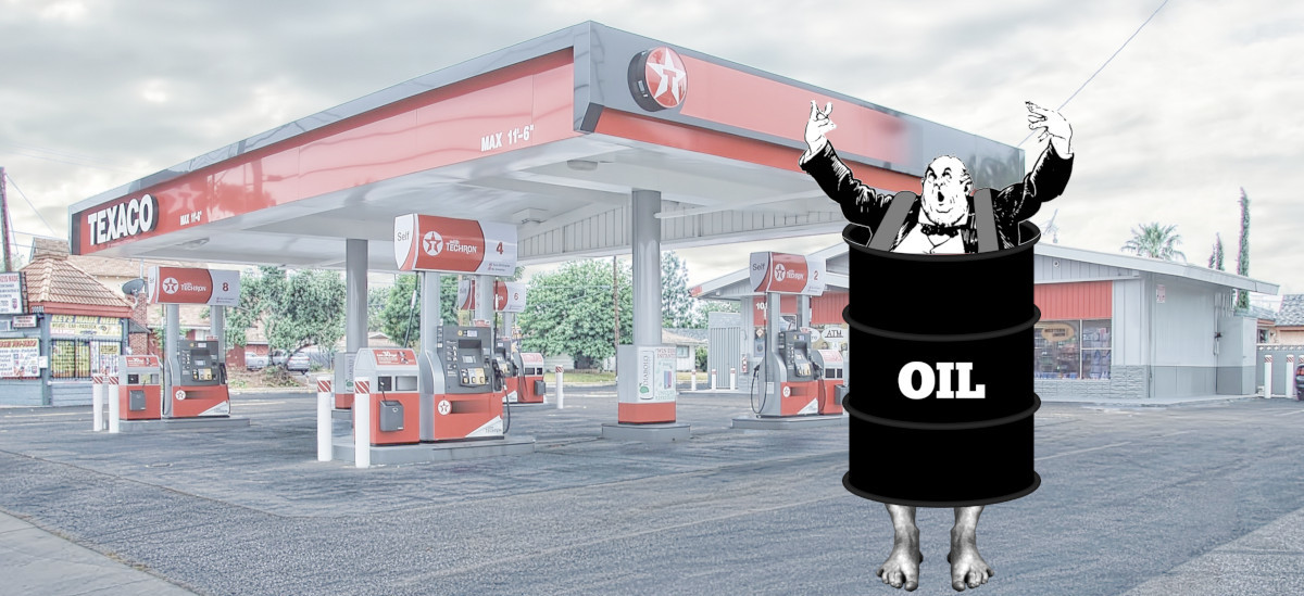 An outraged millionaire in a tuxedo jacket throwing his hands in the air. He is wearing an oil barrel held up by a pair of broad suspenders. His bare feet protrude from the bottom. He is standing in front of a Texaco gas station.