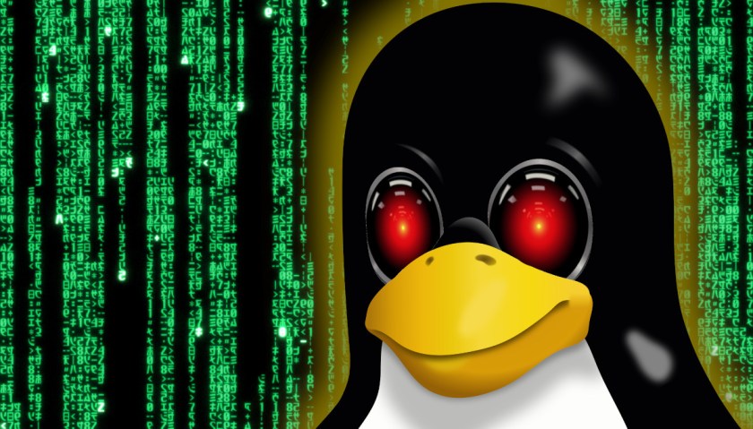 Tux the Penguin, posed on a Matrix credit-sequence 'code waterfall.' His eyes have been replaced with the menacing red eyes of HAL 9000 from Kubrick's '2001: A Space Odyssey.'