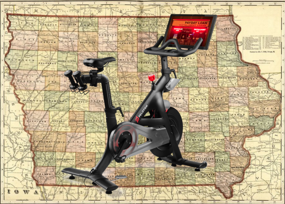 An early 20th Century map of Iowa with a Peloton bike superimposed on it; the Peloton's screen displays the garish neon sign of a storefront payday lender.