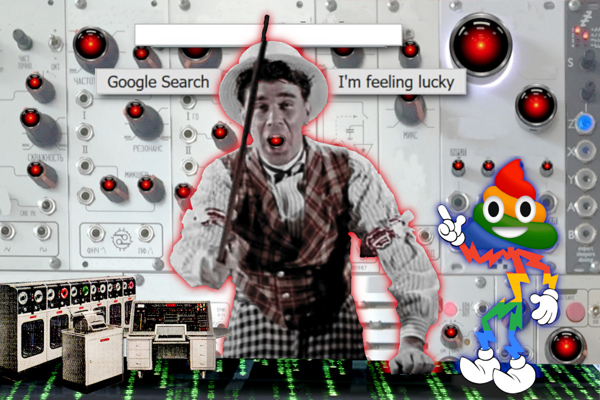 A cane-waving carny barker in a loud checked suit and straw boater. His mouth has been replaced with the staring red eye of HAL9000 from Kubrick's '2001: A Space Odyssey.' He stands on a backdrop composed of many knobs, switches and jacks. The knobs have all been replaced with HAL's eye, too. Above his head hovers a search-box and two buttons reading 'Google Search' and 'I'm feeling lucky.' The countertop he leans on has been replaced with a code waterfall effect as seen in the credit sequences of the Wachowskis' 'Matrix' movies. Standing to his right on the countertop is a cartoon mascot with white gloves and booties and the head of a grinning poop emoji. He is striped with the four colors of the Google logo. To his left is a cluster of old mainframe equipment in miniature.