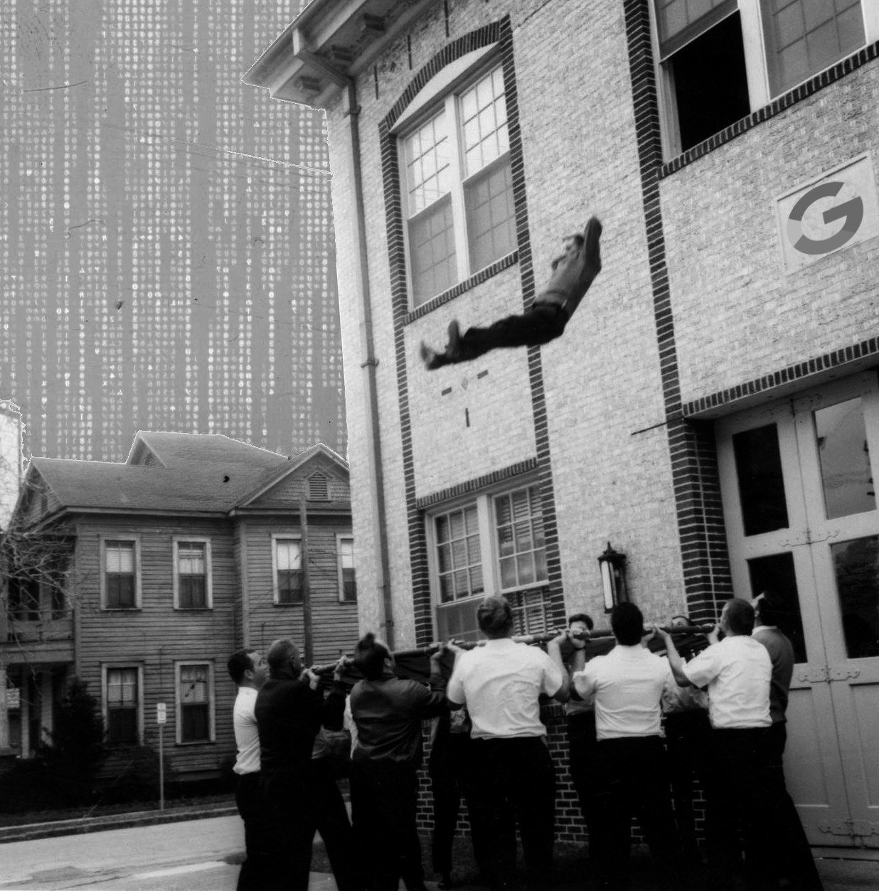 A group of firefighters holding a safety net under a building from which a man is falling; he is supine and has his hands behind his head. The sky has a faint, greyscale version of the 'Matrix Waterfall' effect. The building bears a Google logo.