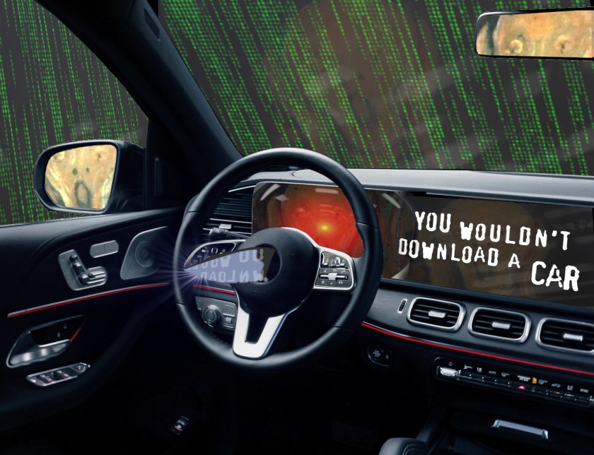 The interior of a luxury car. There is a dagger protruding from the steering wheel. The entertainment console has been replaced by the text 'You wouldn't download a car,' in MPAA scare-ad font. Outside of the windscreen looms the Matrix waterfall effect. Visible in the rear- and side-view mirror is the driver: the figure from Munch's 'Scream.' The screen behind the steering-wheel has been replaced by the menacing red eye of HAL9000 from Stanley Kubrick's '2001: A Space Odyssey.'