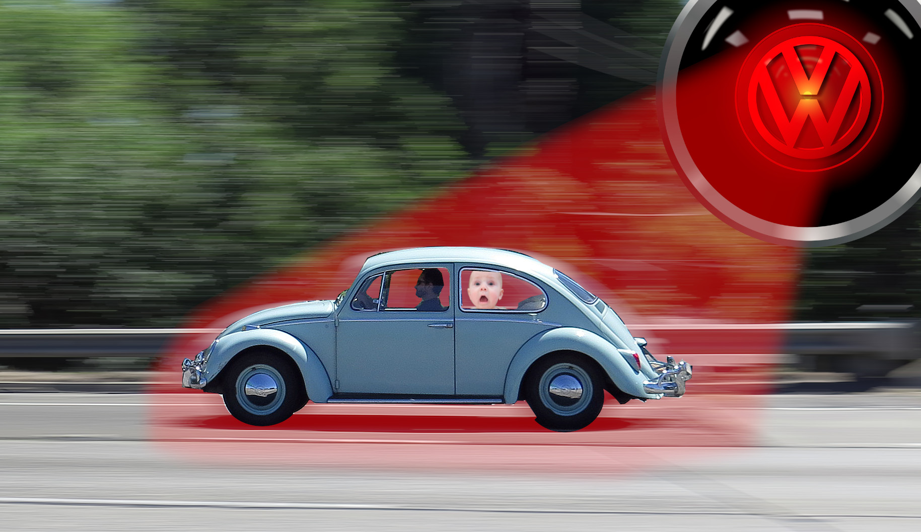 A blue vintage VW beetle speeds down a highway; a crying baby is pressed against the back driver's-side window. In the sky overhead is the red glaring eye of HAL 9000 from 2001: A Space Odyssey, emblazoned with the VW logo. The eye is projecting a beam of red light that has enveloped the car.