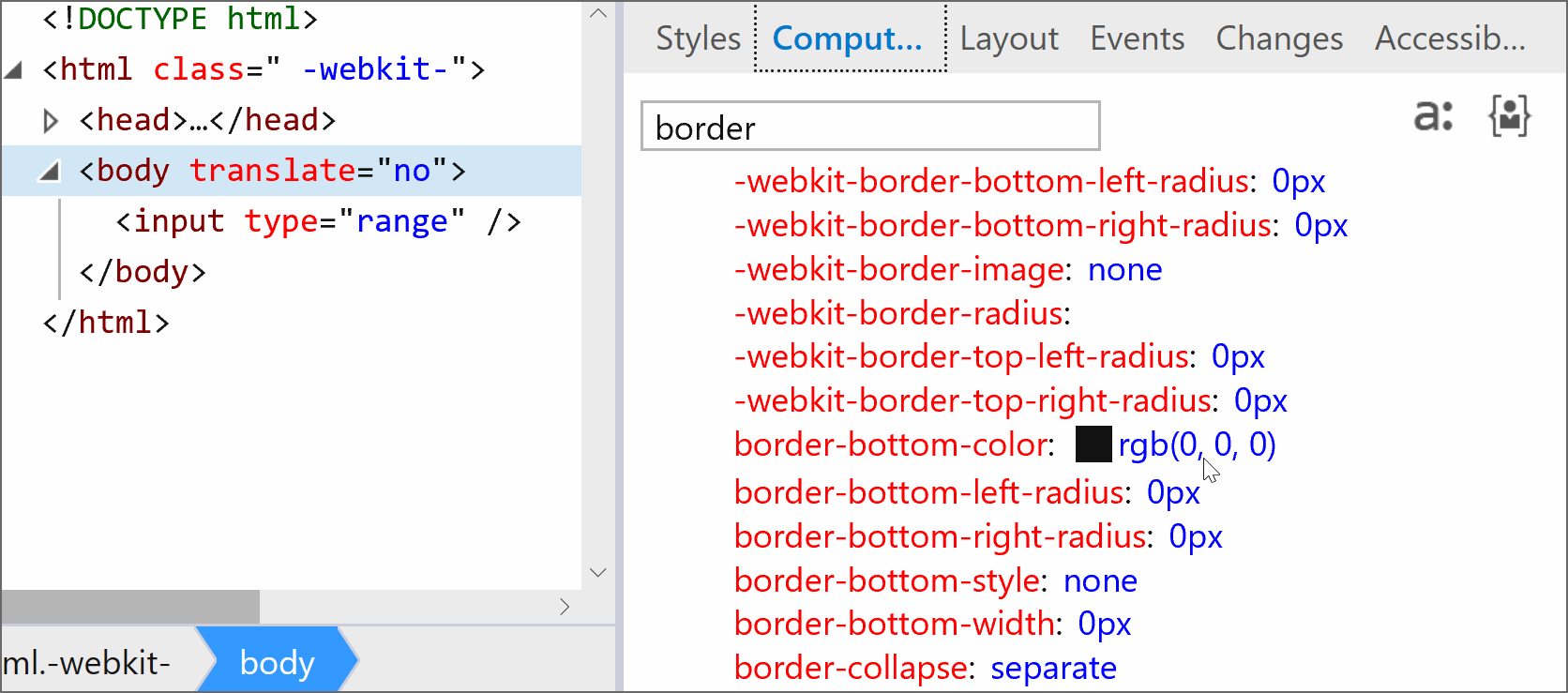 Recording of Edge DevTools showing the computed values of border properties for inputs and how border-color changes when changing the element's color property.