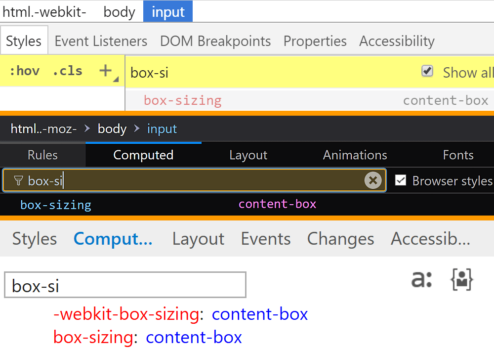 Comparative screenshots of DevTools in the three browsers showing the computed values of box-sizing for a range input.