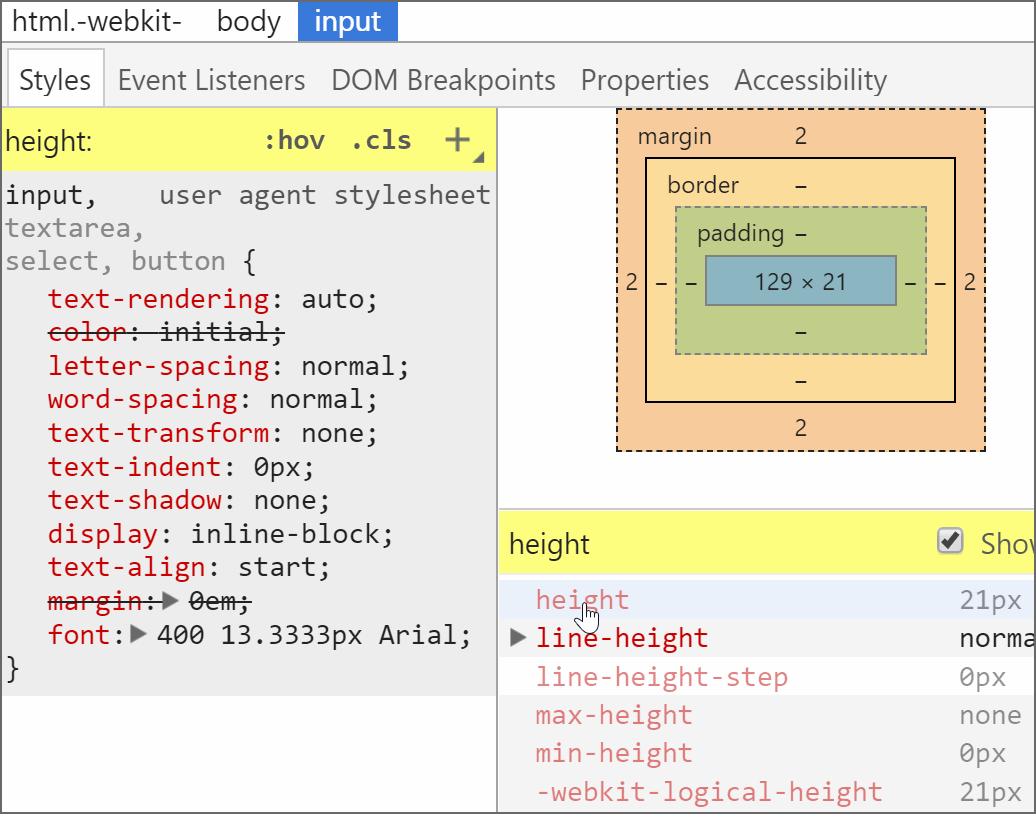 Gif recording showing how changing the font-size on the range input doesn't change its height value in Chrome.