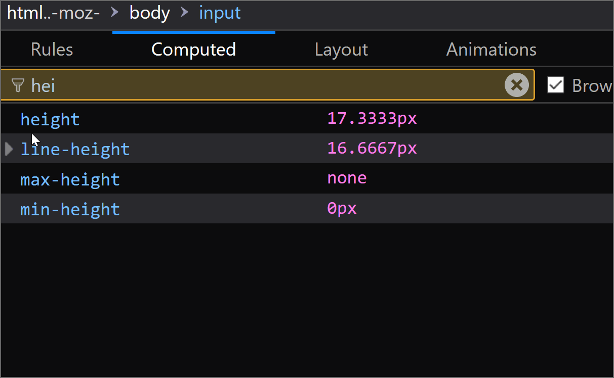 Gif recording showing how changing the font-size on the range input also changes its height value in Firefox.