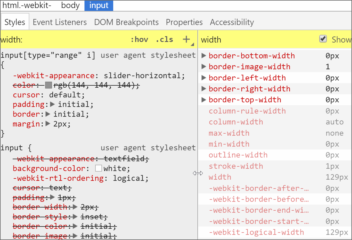 Gif recording showing how changing the font-size on the range input doesn't change its width value in Chrome.