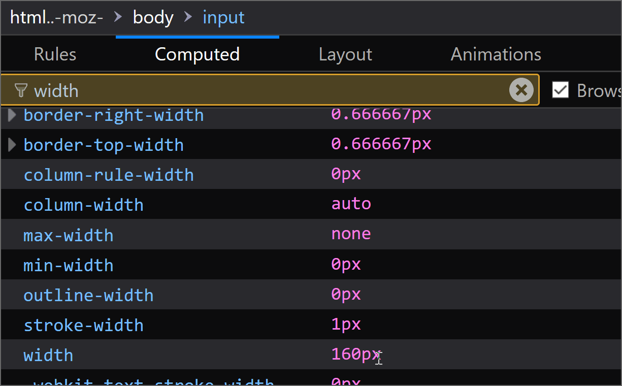 Gif recording showing how changing the font-size on the range input also changes its width value in Firefox.
