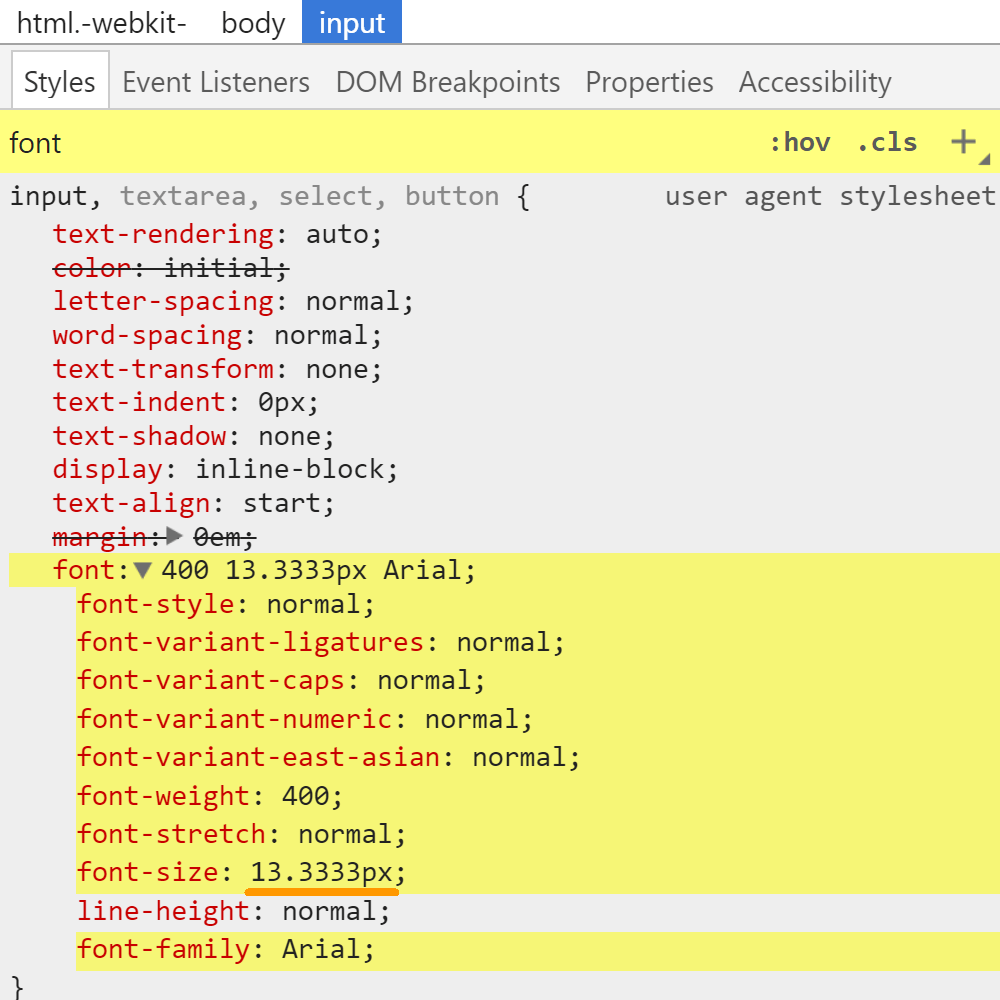 Screenshot of Chrome DevTools showing the user agent rule where the font-size for inputs is set.