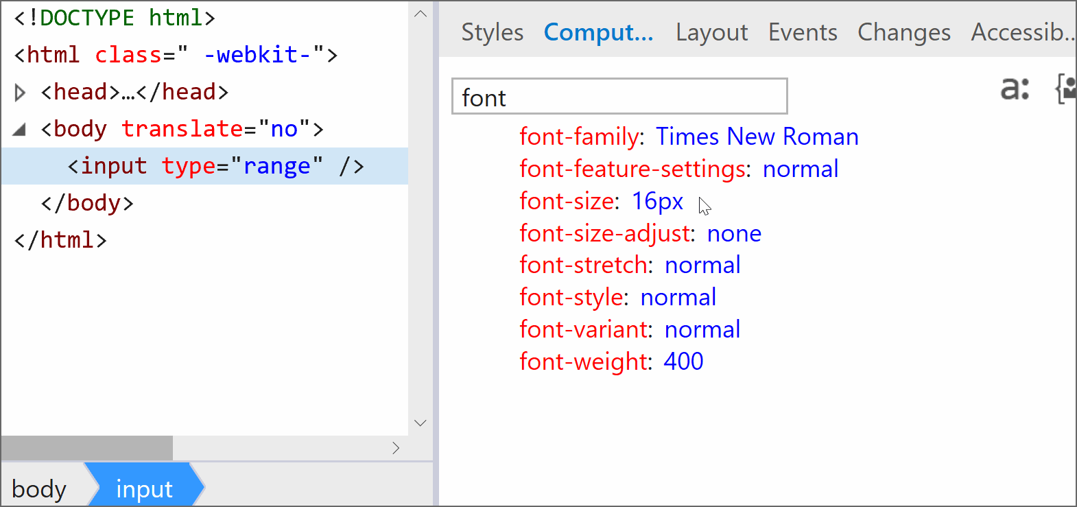 Recording of Edge DevTools showing the computed value of font-size for inputs and how this changes when changing the font-size of the parent.