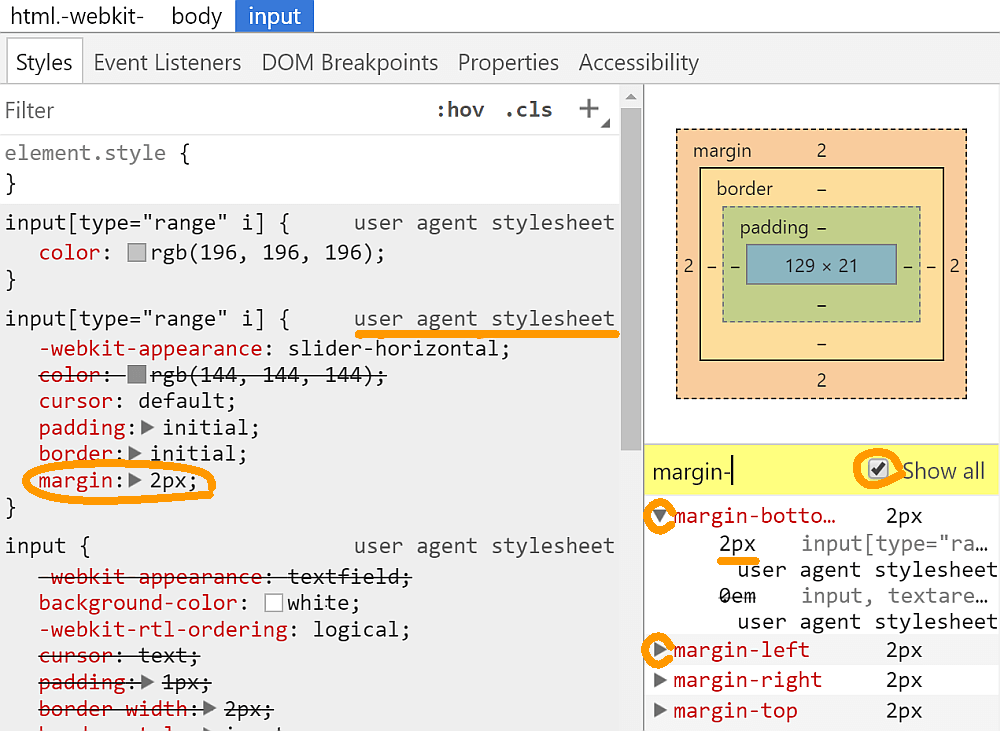 Screenshot of Chrome DevTools showing where to look for how browser styles were set.