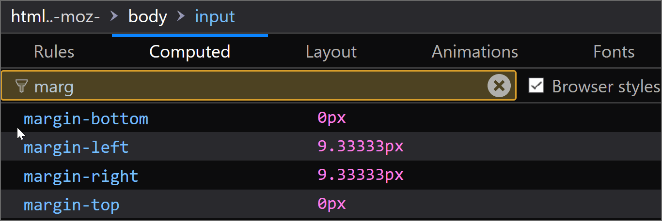Gif recording showing how changing the font-size on the range input changes the margin value in Firefox.