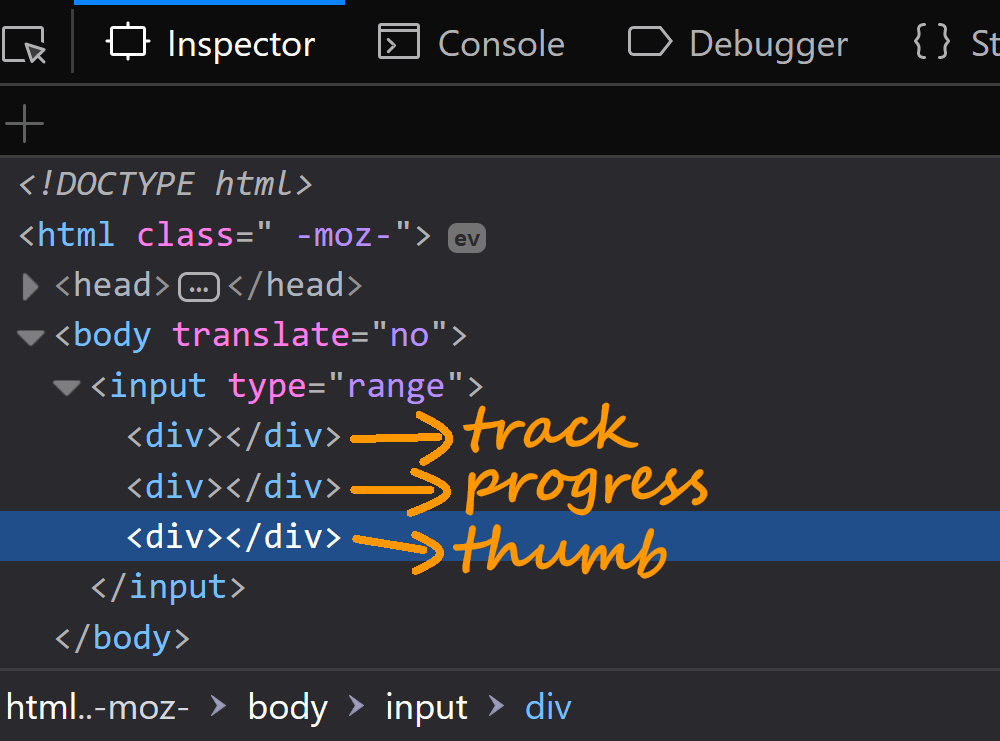 Firefox screenshot of the structure we have inside a range input.
