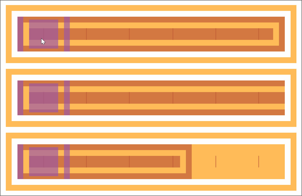 Animated gif. Shows how Edge moves the thumb within the left and right limits of the actual range input's content-box.