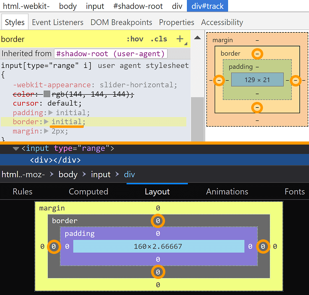 Comparative screenshots of DevTools in Chrome and Firefox browsers showing the computed values of border for the track.