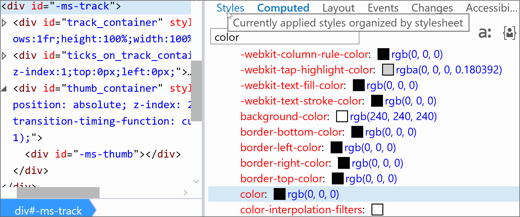 Adding a background on the track in Edge changes its computed color from white to black.