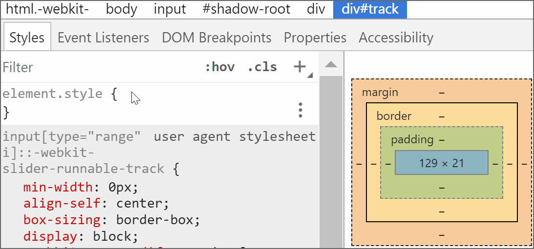 Gif recording showing how changing the height on the track component doesn't influence the height of the range input in Chrome if the value we set is a % value. Otherwise, the track expands or shrinks such that the track perfectly fits in. Furthermore, in the % case, the track and the actual range input are always middle-aligned vertically.