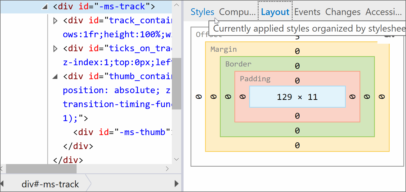 Gif recording showing how changing the font-size on the track doesn't change its computed height in Edge.