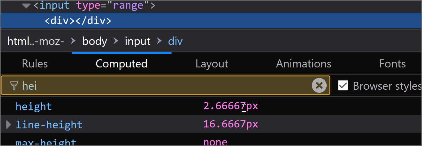 Gif recording showing how changing the font-size on the track changes its computed height in Firefox.