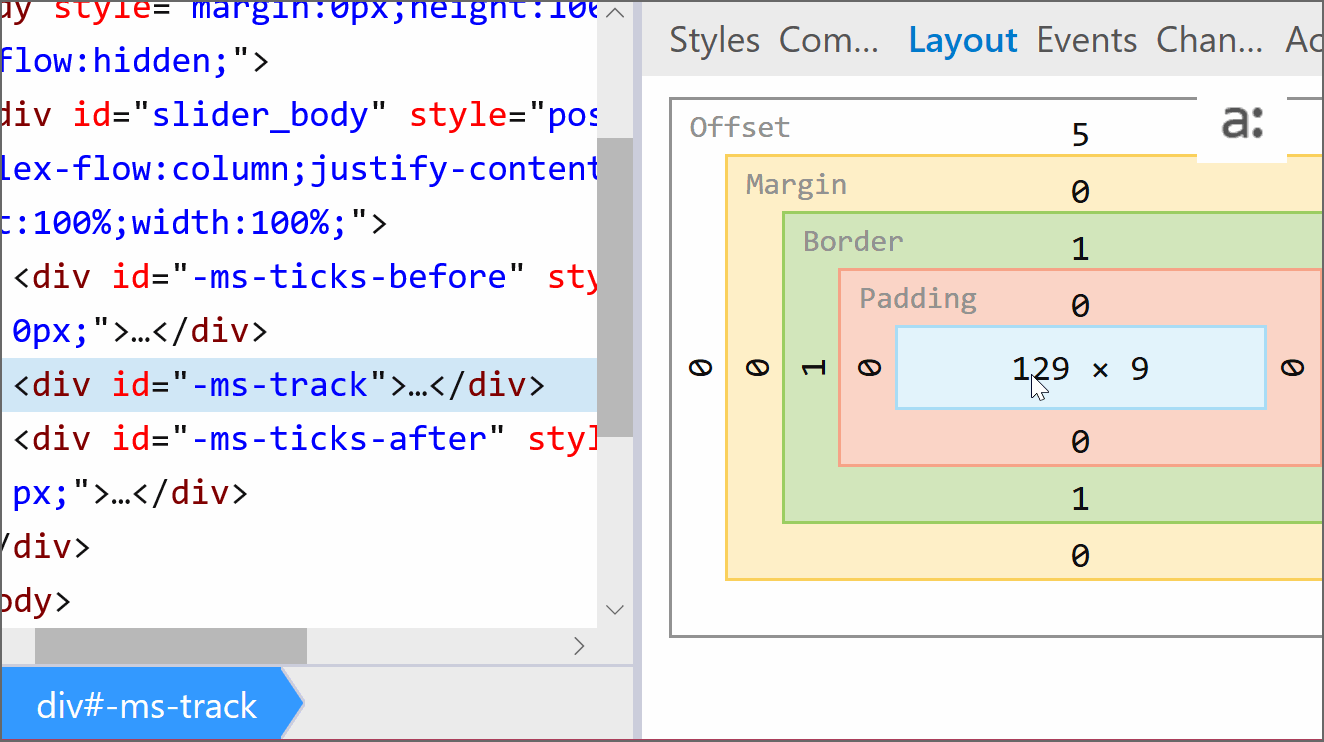 Gif recording showing how Edge allows us to change the width of the track without changing that of the parent slider.