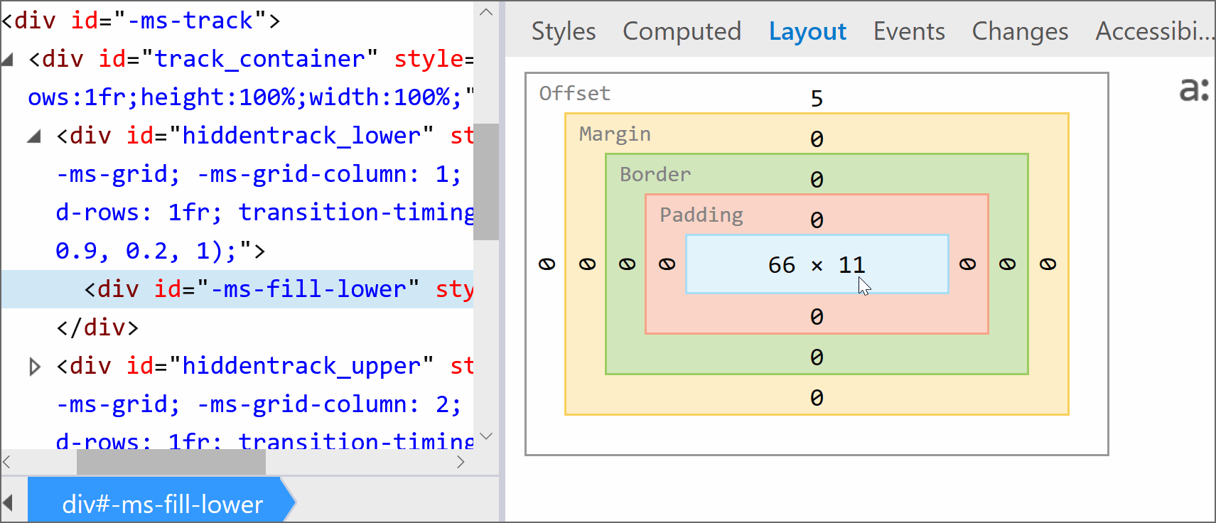 Animated gif. Shows Edge DevTools with the fill component selected. The height of the fill is the same as that of the track's content-box. We set box-sizing: border-box on the track and give it a vertical padding to check this. The height of the fill shrinks accordingly.
