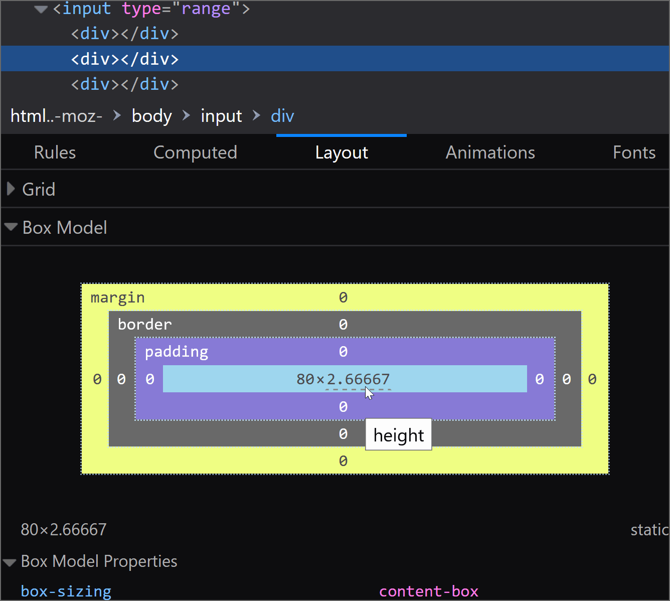 Animated gif. Shows Firefox DevTools with the progress component selected. Changing the font-size on this component also changes its height, allowing us to see it was set as .2em.