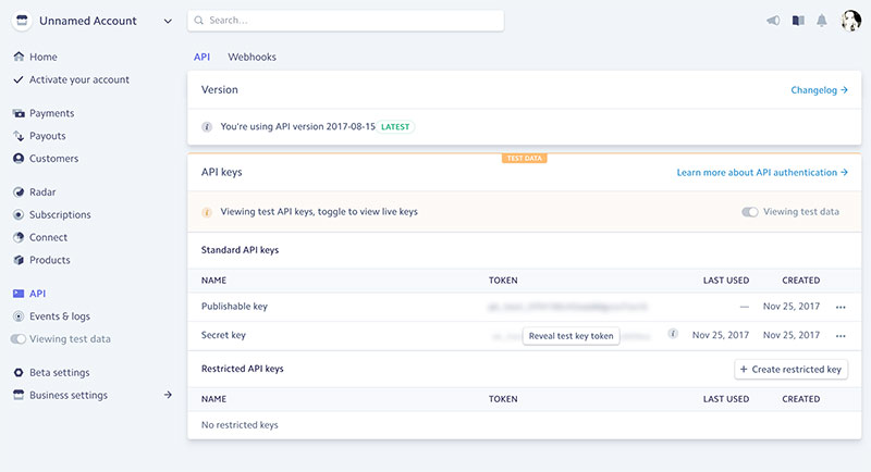 Stripe testing dashboard