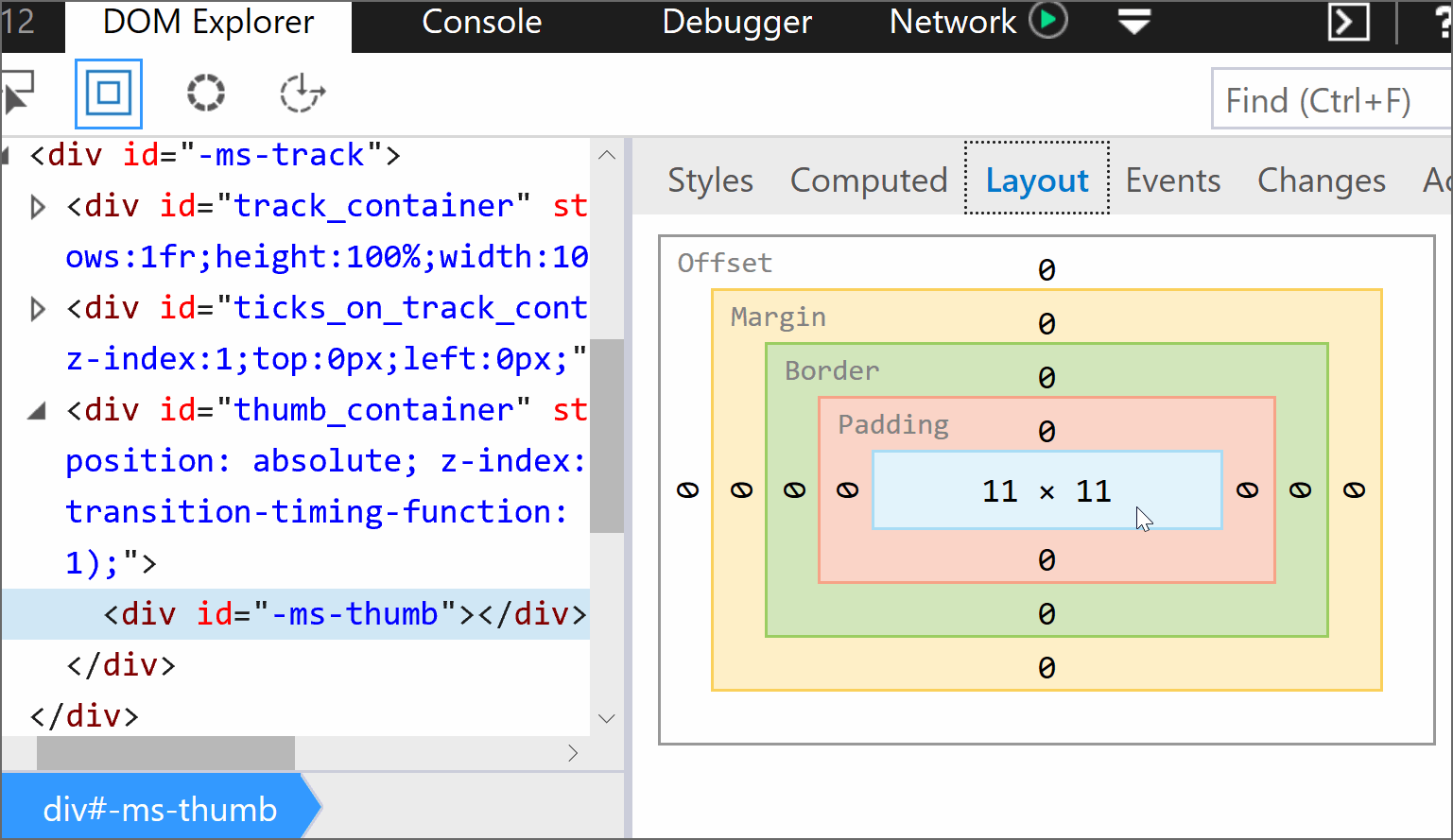 Animated gif. Shows Edge DevTools with the thumb selected. There is originally no border, but setting a background on either the slider or its components makes the lateral borders solid 1px white ones. Setting -webkit-appearance: none on both the thumb and the actual slider removes this border (as well as making both thumb dimensions 0).