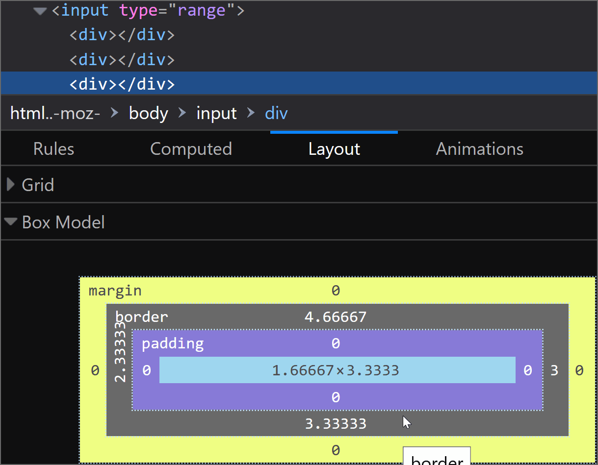 Animated gif. Shows Firefox DevTools with the thumb selected. In DevTools we originally see a thickish grey border, with a different width on every side, but setting a background on either the slider or its components makes this border thinner an uniform around the thumb. Its width varies with the font-size and it seems to be .1em.