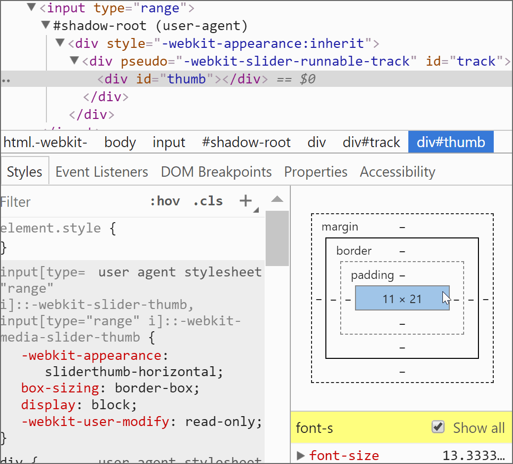 Animated gif. Shows Chrome DevTools with the thumb selected. Changing the font-size on the thumb doesn't change its dimensions. Setting -webkit-appearance: none on both the thumb and the actual slider resets its dimensions to 129x0