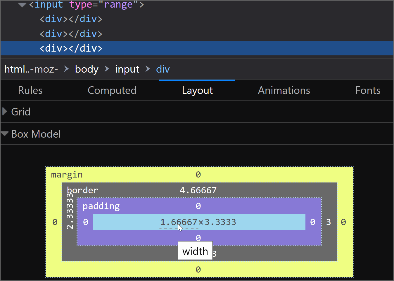 Animated gif. Shows Firefox DevTools with the thumb selected. Changing the font-size on the thumb doesn't change initially its dimensions. However, after setting a background on the actual input, the thumb dimensions become equal to the font-size (1em).