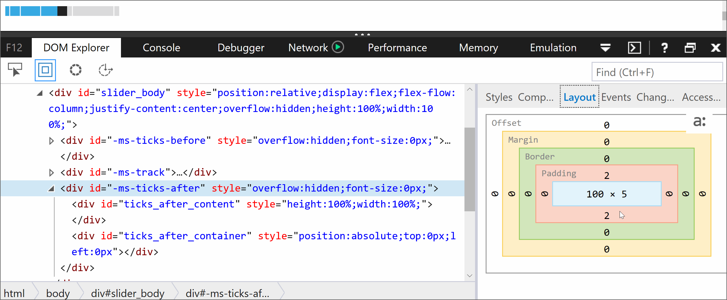 Animated gif. Illustrates the steps above to make the tick marks created by ::-ms-ticks-after visible.