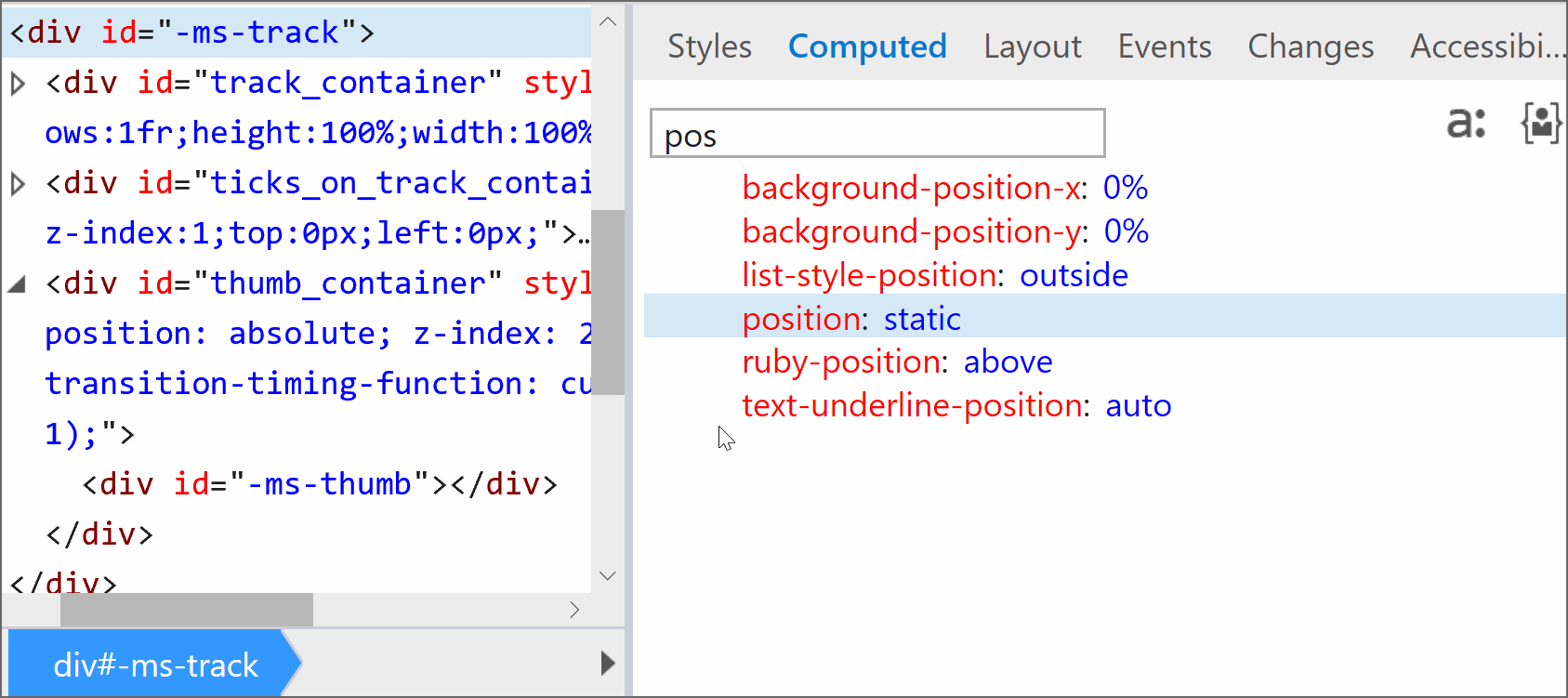 Animated gif. Recording of the following steps: 1) checking the computed value of the position property on the track in Edge DevTools - it's static 2) setting ::-ms-track { position: relative } 3) checking the computed value again - it's still static 4) adding !important to the rule previously set on the track 5) checking the computed value a third time - annoyingly, it's still static!