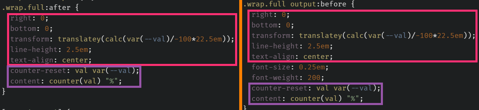 Screenshot collage. Shows the styles on the .wrap.full:after (left) and highlights how all of them can be found afterwards on the .wrap.full output:before (right), in addition to those bringing the font down to the size and weight it has on the wrapper.