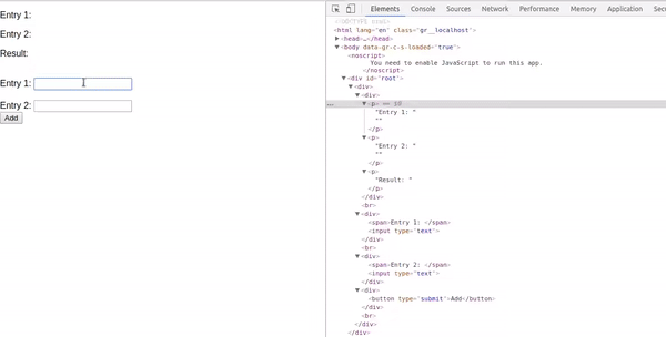 Animated gif showing how the markup in DevTools changes when numbers are added to the input field.