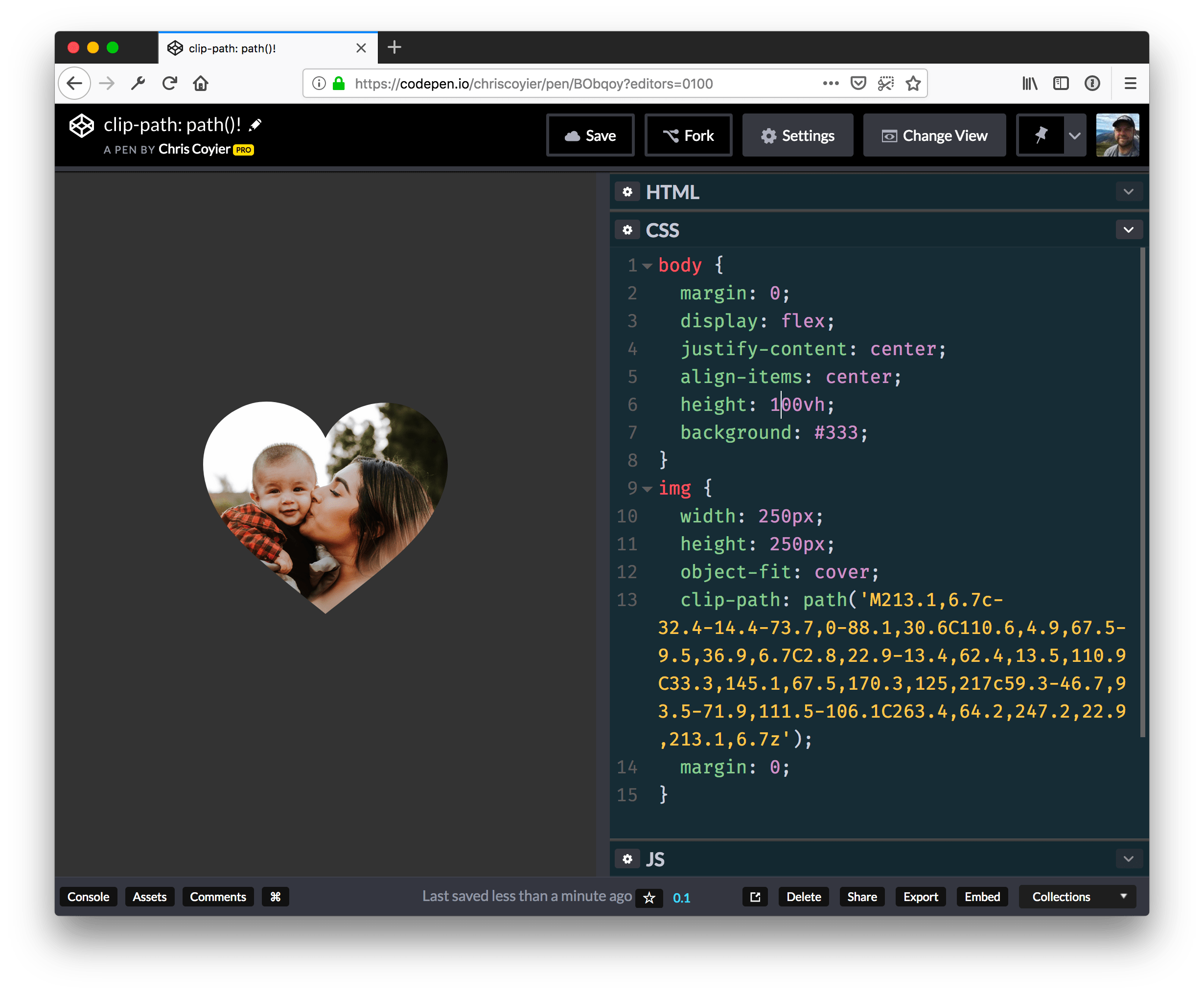 A screenshot of clip-path: path() working in Firefox Nightly