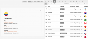 A screenshot of the populated database entries and the overlay displaying the data in the detailed view template.