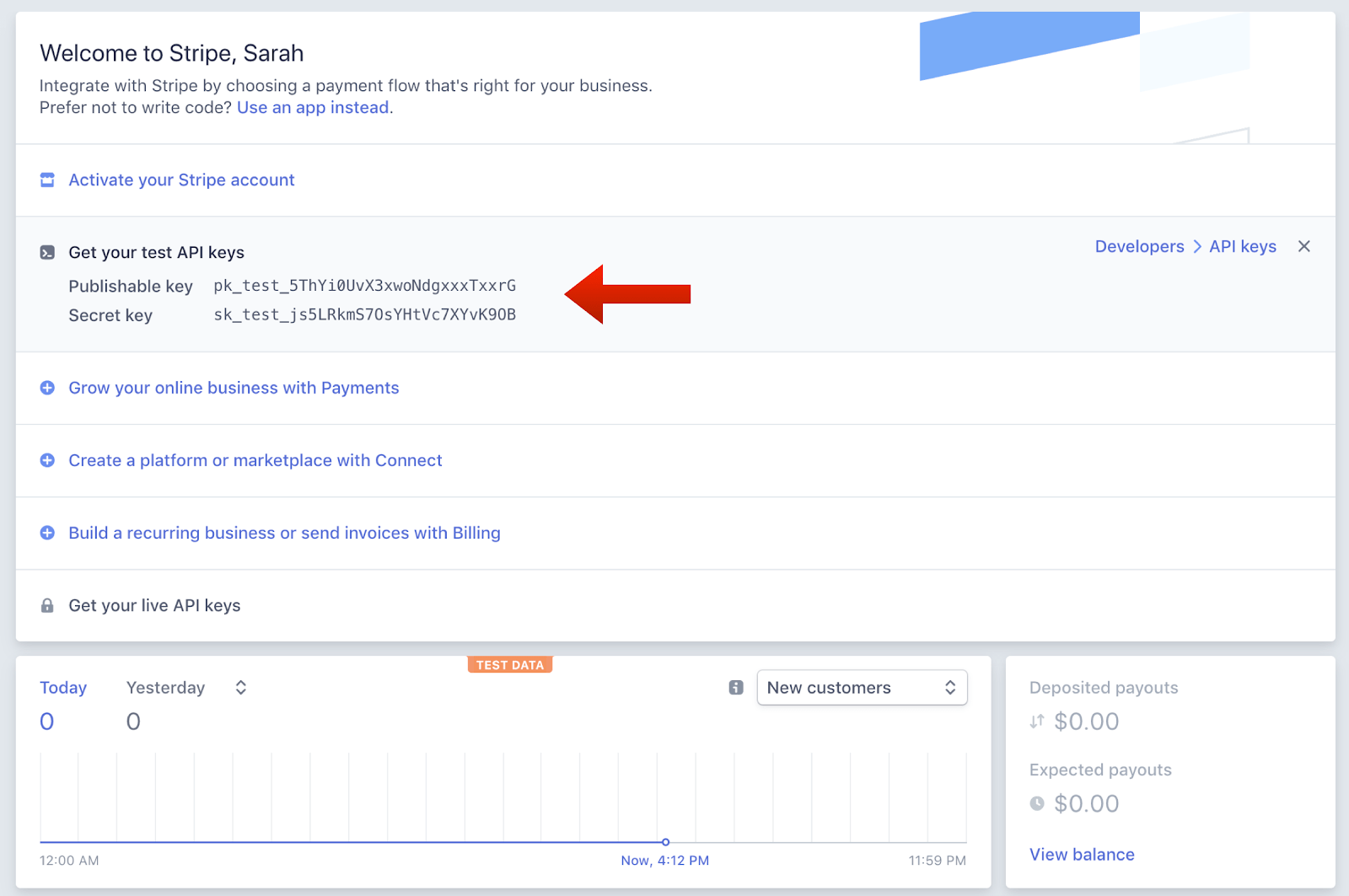 testing keys in the stripe dashboard