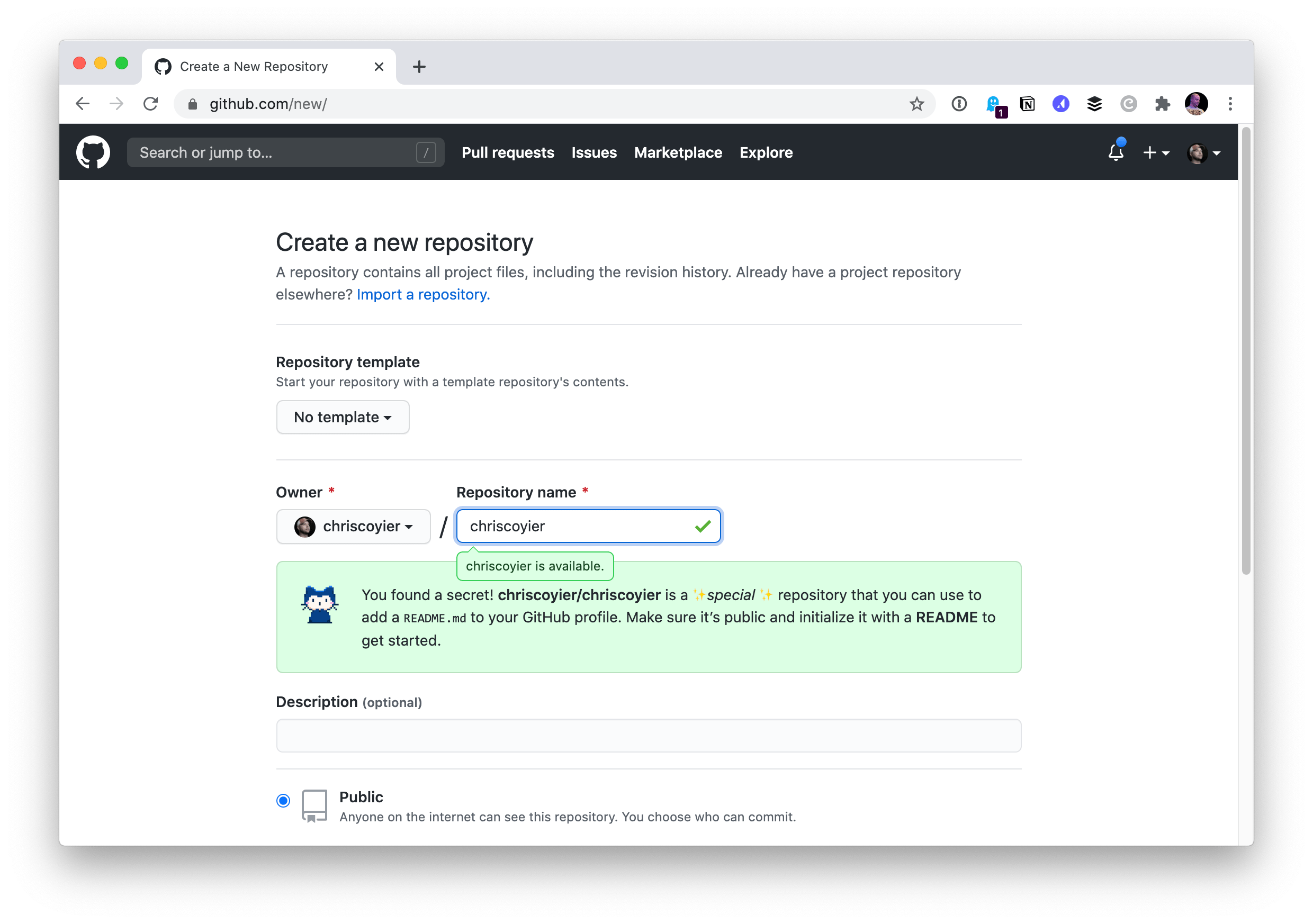 Screenshot showing the create new repo screen on GitHub. The repository name is set to chriscoyier.