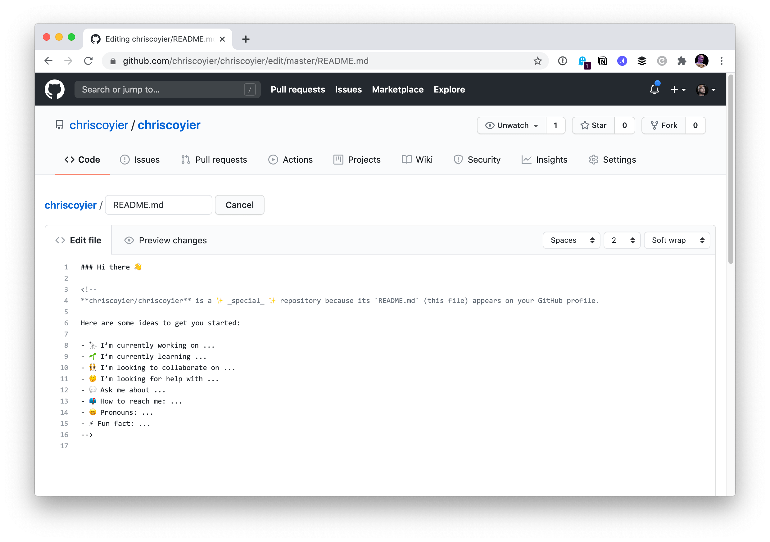 Screenshot of editing the read me file directly in GitHub.