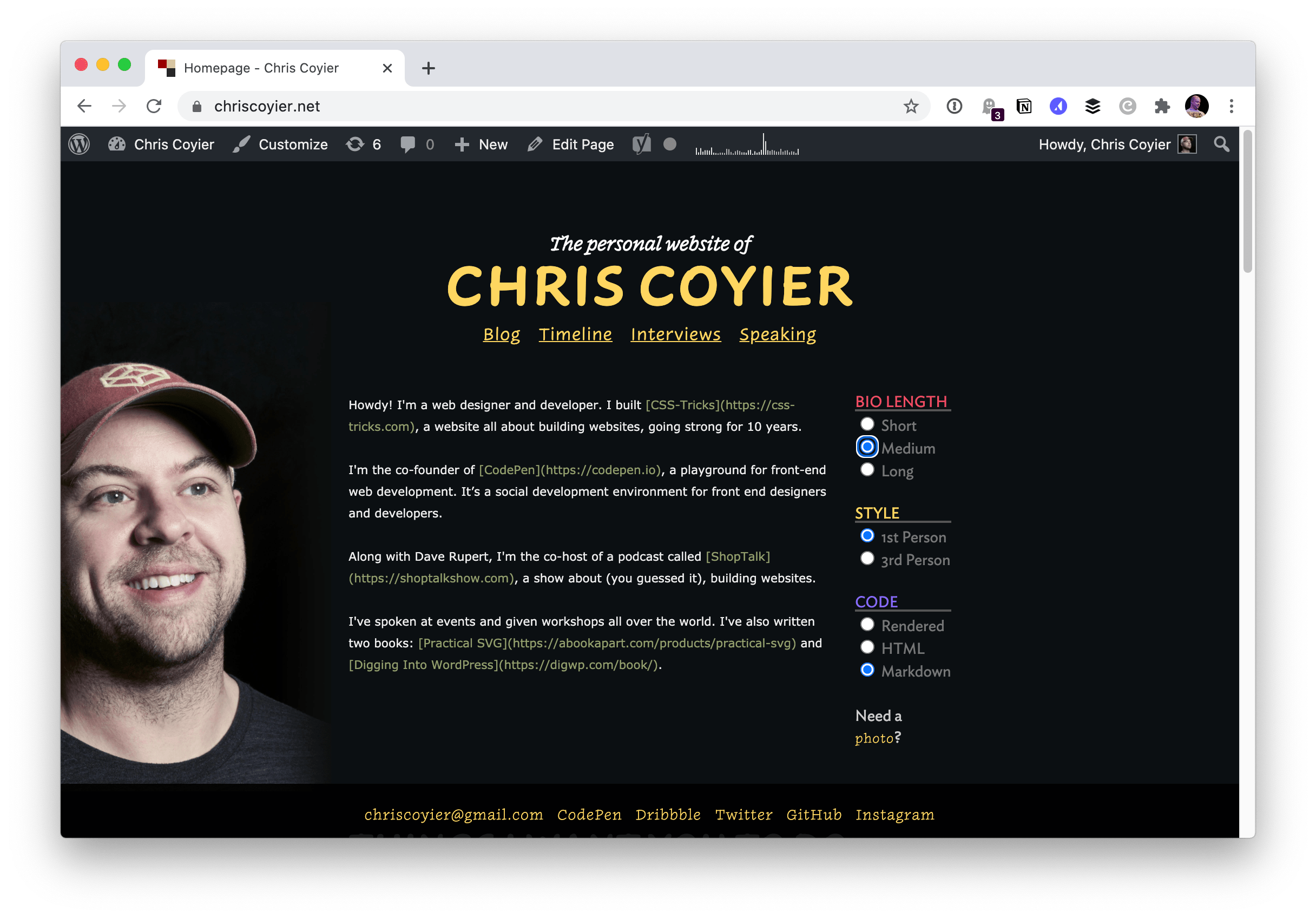 Screenshot of Chris Coyier's personal website homepage. It has a dark background and a large picture of Chris wearing a red CodePen hat next to some text welcoming people to the site.